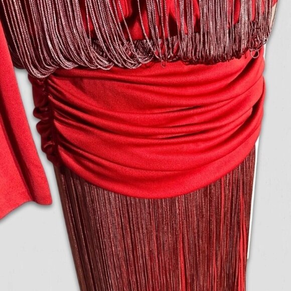 Vintage rare 70s Red Fringe 20s Flapper style elegant Cocktail Dress Sz L - Picture 4 of 13